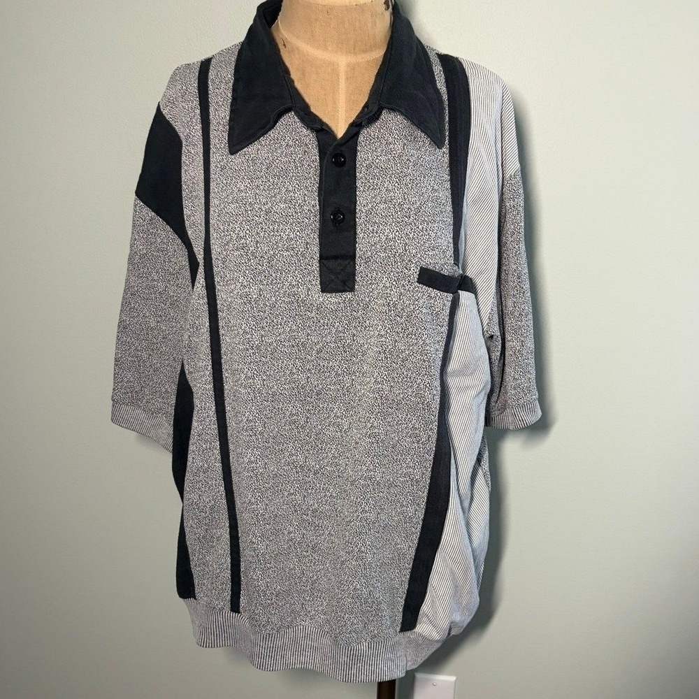 Classics by Palmland Vintage Mens XL Grey Striped Colorblock Knit Polo Shirt